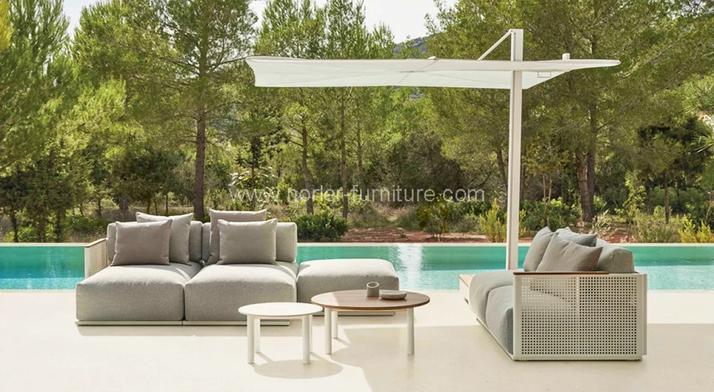 Modern Outdoor Aluminum Frame Teak Armrest Sofa