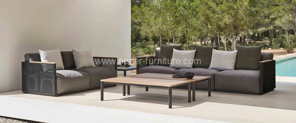 Modern Outdoor Aluminum Frame Teak Armrest Sofa