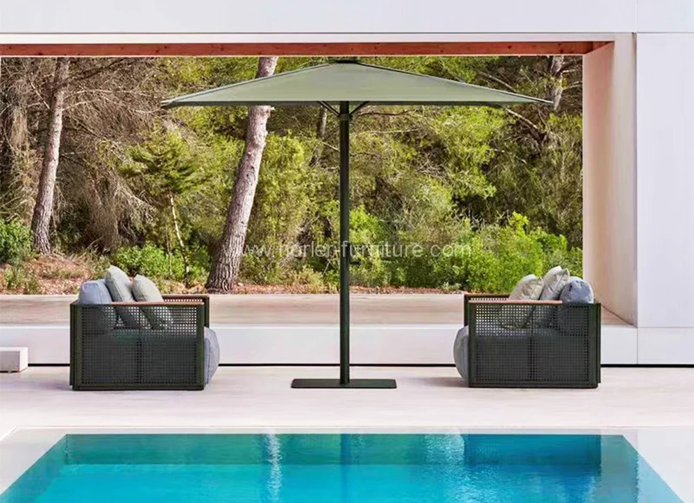 Modern Outdoor Aluminum Frame Teak Armrest Sofa