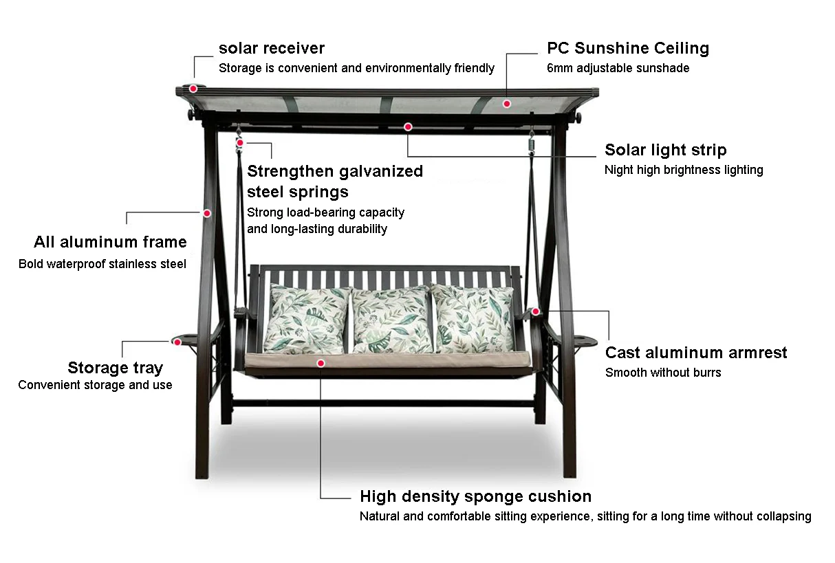 Outdoor Aluminum Swing With Solar Lights Shed
